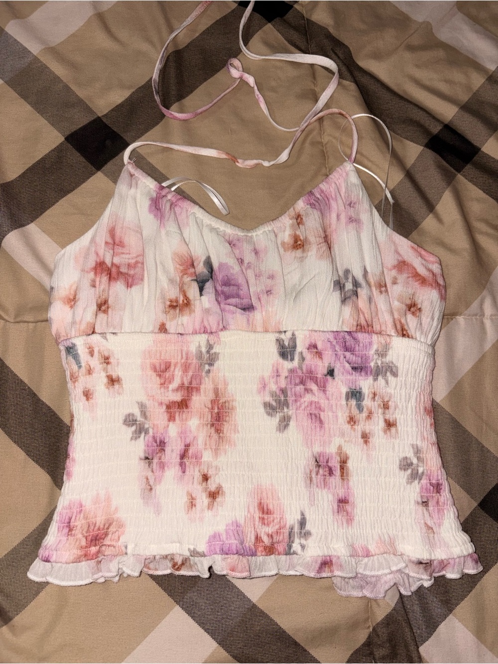 Garage Floral Smocked Halter Top - White, Pink & Lavender